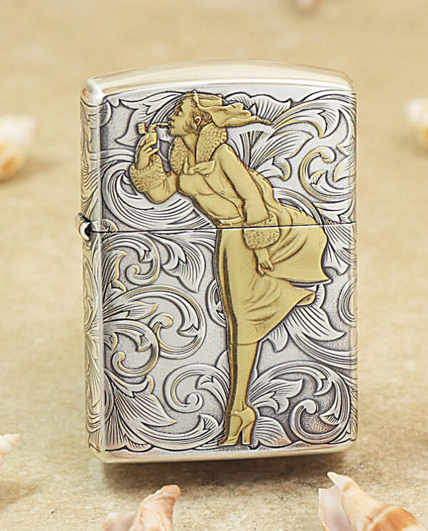 KZ287 Shiny Zippo-style lighter with a gold-toned man in a coat drinking, set against a swirling silver background.