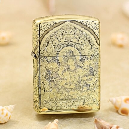 White Tara high-polish brass Zippo Armor lighter with Buddhist deity engraving