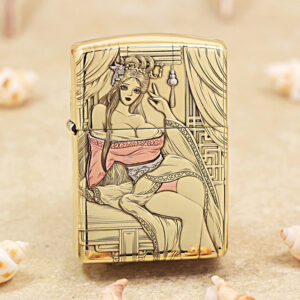 Gold lighter with a vintage-style illustration of a seated woman draped in fabric, framed by curtains and decorative patterns.