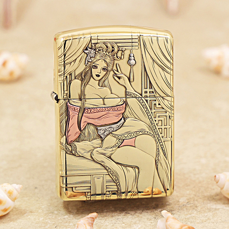 Gold lighter with a vintage-style illustration of a seated woman draped in fabric, framed by curtains and decorative patterns.