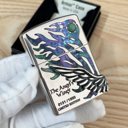 Silver-tone Angel Wings Zippo with iridescent graphic, green round accent and 0151/1000 marking