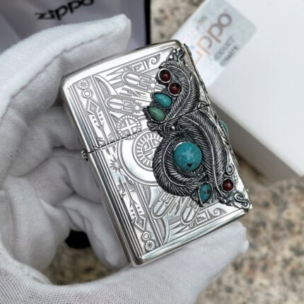 Japanese Zippo Silver-Plated Indian Turquoise Feather Lighter – product image 1 of 12