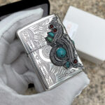 Japanese Zippo Silver-Plated Indian Turquoise Feather Lighter – product image 3 of 12