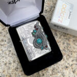 Japanese Zippo Silver-Plated Indian Turquoise Feather Lighter – product image 4 of 12