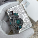 Japanese Zippo Silver-Plated Indian Turquoise Feather Lighter – product image 8 of 12