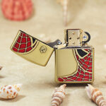Open Spider-Man high-polish brass Zippo Armor lighter front view