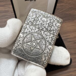 Son of Satan Pentagram sterling silver Zippo Armor lighter – angled reverse view of the occult seal and engraved Armor case