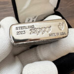 Son of Satan Pentagram sterling silver Zippo Armor lighter – bottom stamp close-up showing Sterling Silver, Zippo, 2023, Made in USA, and Armor marks