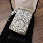 Son of Satan Pentagram sterling silver Zippo Armor lighter – angled boxed view of the King of Hell sterling silver Zippo Armor lighter