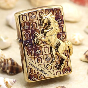 Japanese Smoked Golden Marble Horse With Square Zippo Lighter