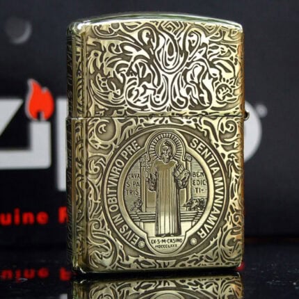 KZ251 Zippo Armor brass St Benedict figure front view