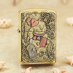 Etching Brass Armor Lucky Cat Zippo Lighter