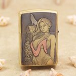 Wolf Girl brass Zippo Armor lighter side panel with woman and forest artwork