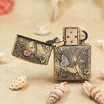 Open Wolf Girl brass Zippo Armor lighter with floral and butterfly engraving