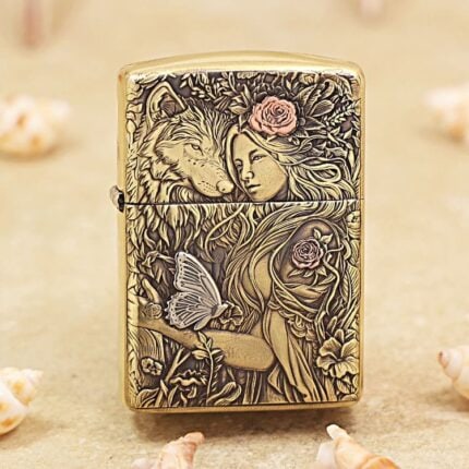 Wolf Girl high-polish brass Zippo Armor lighter with woman, wolf, flowers and butterfly