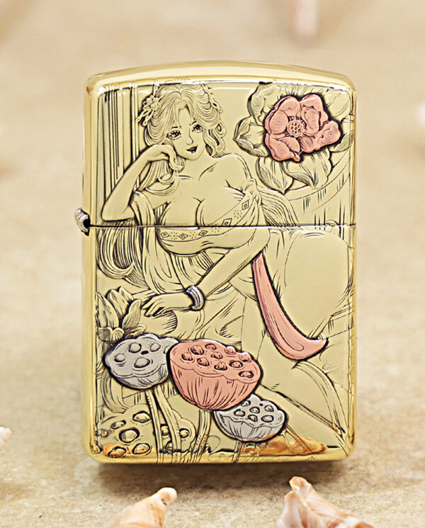 KZ456 Gold Zippo-style lighter with an engraved image of a reclining nude woman among pink and gray flowers.