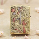 Woman Samurai brass Zippo Armor lighter with reclining figure, sword and dragon