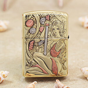 Gold Zippo lighter with an intricate engraving of a reclining woman, a vertical sword, and a dragon motif in a fantasy scene.