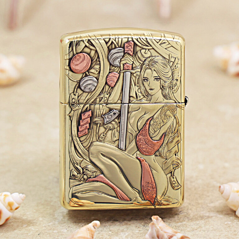 Gold Zippo lighter with an intricate engraving of a reclining woman, a vertical sword, and a dragon motif in a fantasy scene.