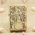 Woman Samurai high-polish brass Zippo Armor lighter with sword and flowers