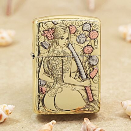 Woman Samurai high-polish brass Zippo Armor lighter with sword and flowers