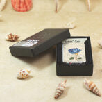 Zippo lighter with a blue rose design inside a black box on a sandy surface with seashells nearby; Armor Case label visible behind it.
