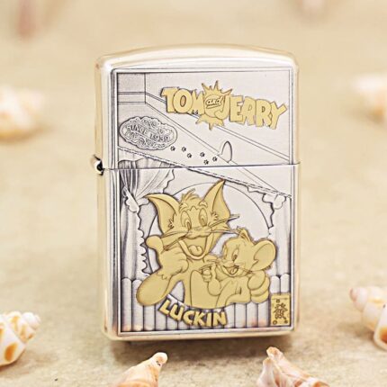 Tom and Jerry smoked silver Zippo Armor lighter with retro cartoon captions