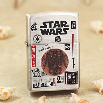 Star Wars smoked silver Zippo Armor engraved lighter front view