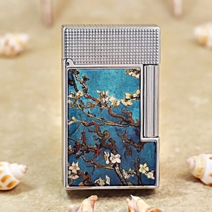 Karl Wieden KW-T0207D petrol lighter, front view showing blue blossom artwork, silver-plated frame and geometric lid texture