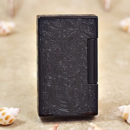 Karl Wieden KW-T0208B petrol lighter, front view showing black Brave Troops creature motif, scroll ornament and side roller