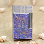 Karl Wieden KW-T0217A petrol lighter, front view of purple-blue Ice Flower panel with gold-colored accents and silver frame