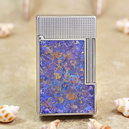 Karl Wieden KW-T0217A petrol lighter, front view of purple-blue Ice Flower panel with gold-colored accents and silver frame