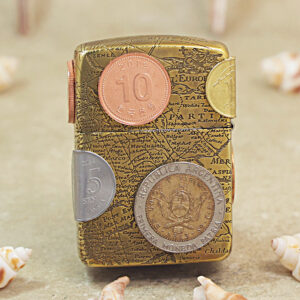 Small map-pattern wallet with embedded coins: a copper 10 Euro cent, a silver 5 sen coin, and a large Argentinian peso coin attached on the front.