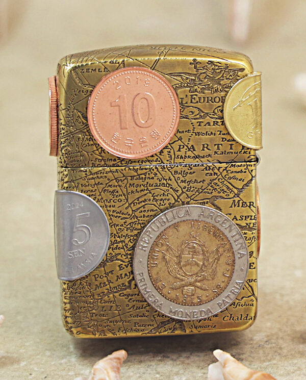 KZ468-01 Small map-pattern wallet with embedded coins: a copper 10 Euro cent, a silver 5 sen coin, and a large Argentinian peso coin attached on the front.