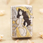 Decorative metal lighter with a stylized illustration of a woman in a yellow hat and wrap on a beach.