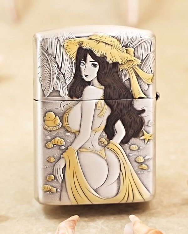 Decorative metal lighter with a stylized illustration of a woman in a yellow hat and wrap on a beach.