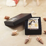 Open black box revealing an illustrated Armor Case with a woman on the cover, on a seashell-strewn surface.