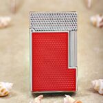 Karl Wieden KW-T0201A silver and red lacquer petrol lighter, front view with textured panel
