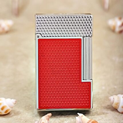 Karl Wieden KW-T0201A silver and red lacquer petrol lighter, front view with textured panel