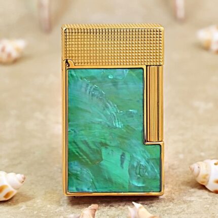 Karl Wieden KW-T0205B petrol lighter, front view of green mother-of-pearl inlay, gold-plated frame and textured lid