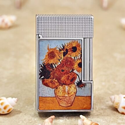 Karl Wieden KW-T0207A silver-tone Sunflower petrol lighter, front view of flowers in a vase against pale blue