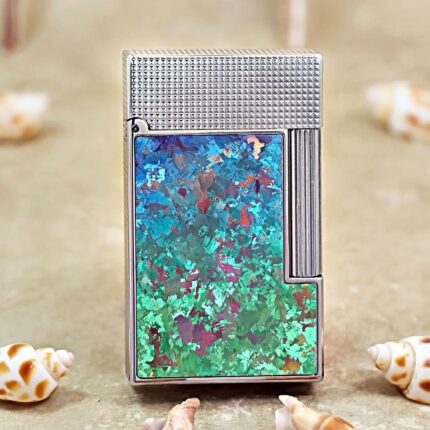 Karl Wieden KW-T024B silver green Ice Flower petrol lighter, front view with blue and green patterned panel
