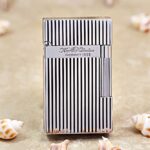 Karl Wieden KW-T02K silver vertical lines petrol lighter, front view with engraved stripes and branded band