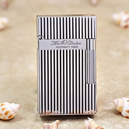 Karl Wieden KW-T02K silver vertical lines petrol lighter, front view with engraved stripes and branded band