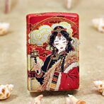 Red decorative tin featuring a traditional Chinese-ruled woman in ornate attire, standing with a staff, on a sandy surface with shells nearby.