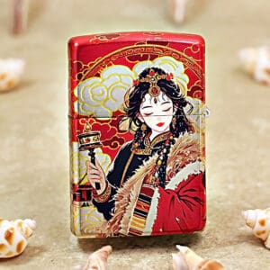 Red decorative tin featuring a traditional Chinese-ruled woman in ornate attire, standing with a staff, on a sandy surface with shells nearby.