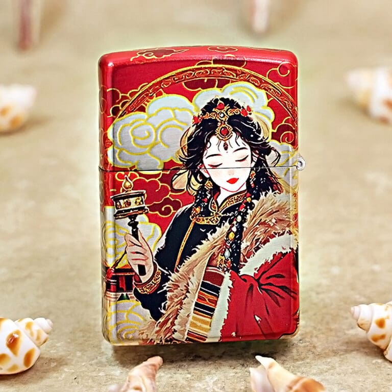 Red decorative tin featuring a traditional Chinese-ruled woman in ornate attire, standing with a staff, on a sandy surface with shells nearby.