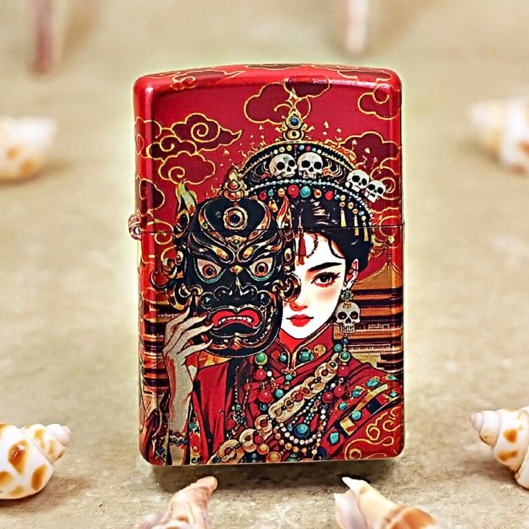 Red decorative box featuring an ornate illustration of a traditional Chinese woman in jewelry and a demon mask she is holding.