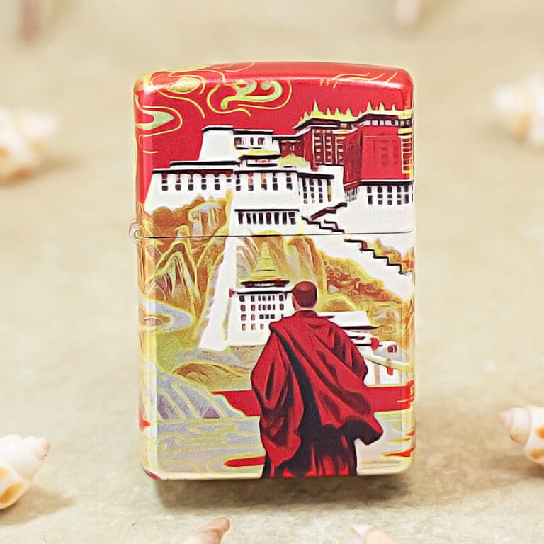 Decorative red-and-white box featuring a monk in a red robe overlooking a stylized temple scene.