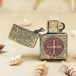 KZ498 open lighter showing copper cross medal and windproof insert